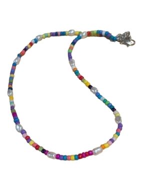 Rainbow And Pearl Seed Bead Necklace
